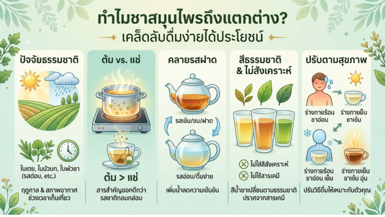 ชาสมุนไพรทานยากไหม? ไขข้อข้องใจทำไม สี กลิ่น รสชาติ ถึงต่างกันในแต่ละลอต