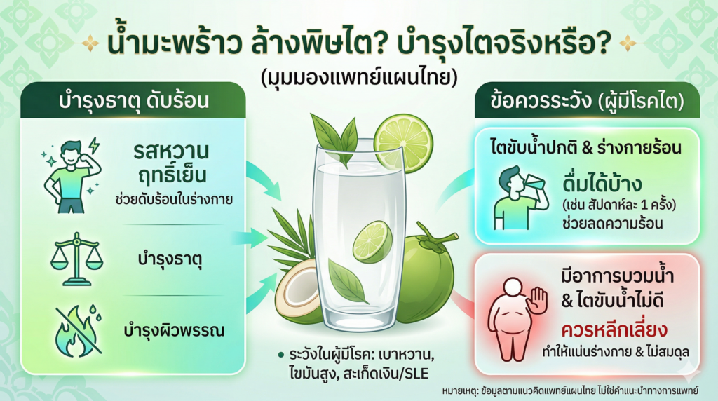 น้ำมะพร้าวช่วยล้างพิษไตได้หรือไม่? ไขข้อข้องใจตามหลักแพทย์แผนไทย ผู้ป่วยโรคไต เบาหวาน หรือโรคผิวหนังอักเสบ ดื่มได้ไหม พร้อมข้อควรระวังที่ต้องรู้