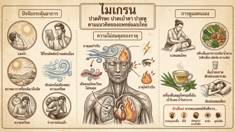 ไมเกรน ปวดศีรษะ ปวดเบ้าตา ปวดหู ตามแนวคิดของแพทย์แผนไทย